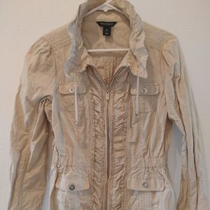 White House Black Market Beige Ruffle Trim Full Zip Up Slim Fit Jacket Women 10